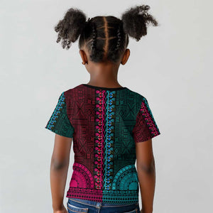 Teal-pink Dashiki and Tapa Pattern Kid T shirt Africa-Polynesia Together Culture