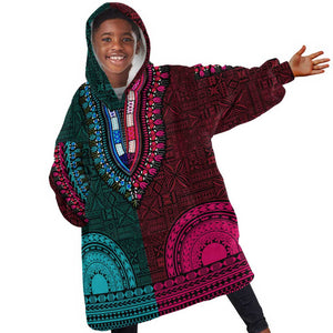 Teal-pink Dashiki and Tapa Pattern Kid Wearable Blanket Hoodie Africa-Polynesia Together Culture