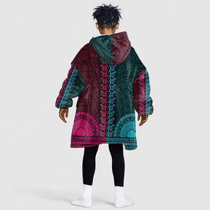 Teal-pink Dashiki and Tapa Pattern Kid Wearable Blanket Hoodie Africa-Polynesia Together Culture