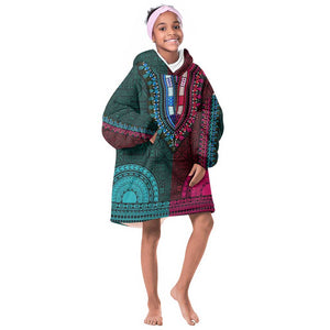 Teal-pink Dashiki and Tapa Pattern Kid Wearable Blanket Hoodie Africa-Polynesia Together Culture