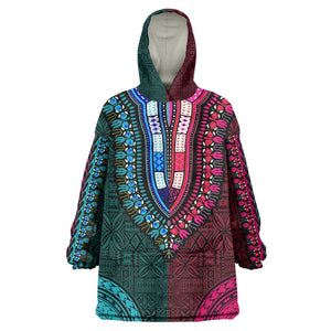 Teal-pink Dashiki and Tapa Pattern Kid Wearable Blanket Hoodie Africa-Polynesia Together Culture