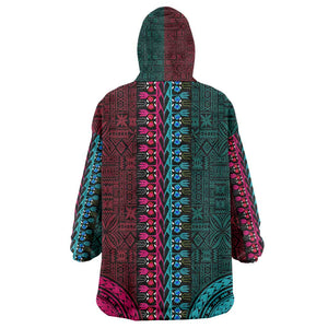 Teal-pink Dashiki and Tapa Pattern Kid Wearable Blanket Hoodie Africa-Polynesia Together Culture