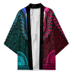 Teal-pink Dashiki and Tapa Pattern Kimono Africa-Polynesia Together Culture