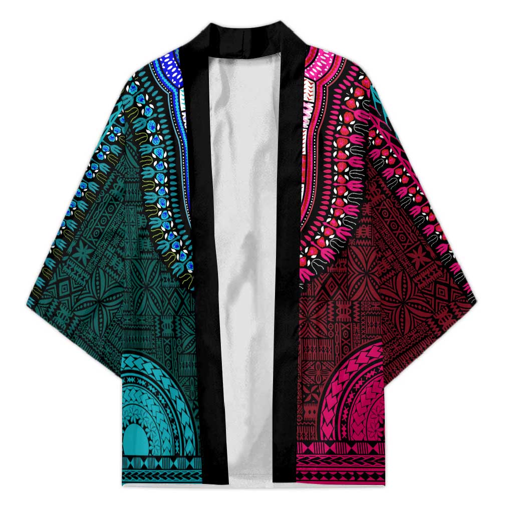 Teal-pink Dashiki and Tapa Pattern Kimono Africa-Polynesia Together Culture