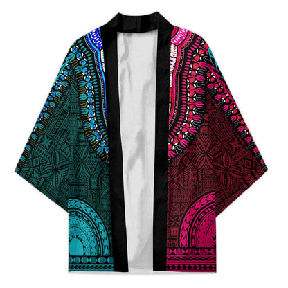 Teal-pink Dashiki and Tapa Pattern Kimono Africa-Polynesia Together Culture