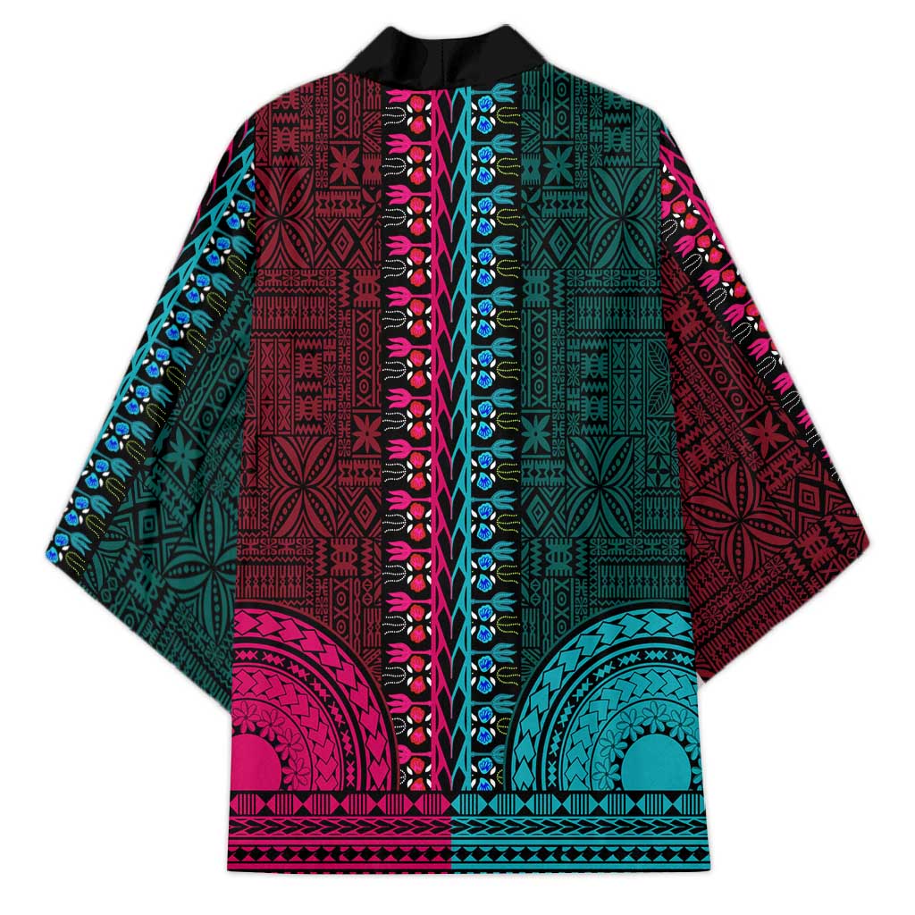 Teal-pink Dashiki and Tapa Pattern Kimono Africa-Polynesia Together Culture