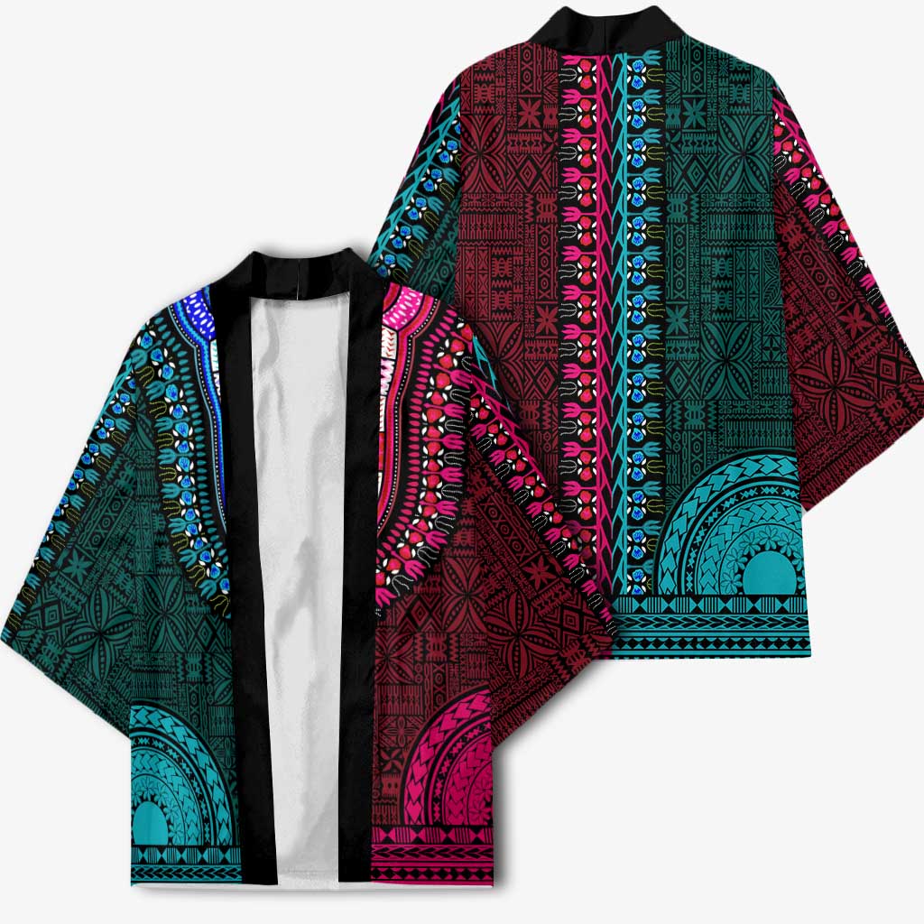 Teal-pink Dashiki and Tapa Pattern Kimono Africa-Polynesia Together Culture