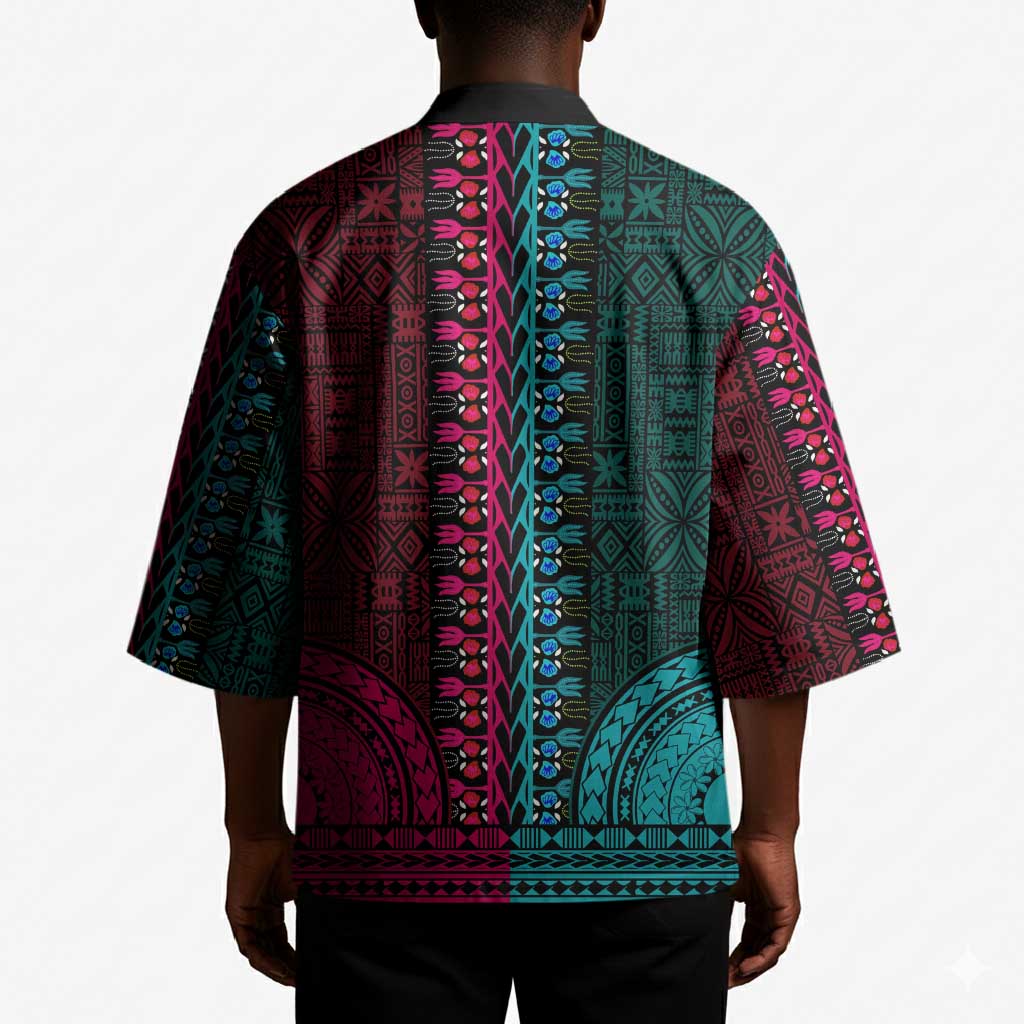 Teal-pink Dashiki and Tapa Pattern Kimono Africa-Polynesia Together Culture