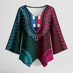 Teal-pink Dashiki and Tapa Pattern Kimono Sleeve Blouse Africa-Polynesia Together Culture