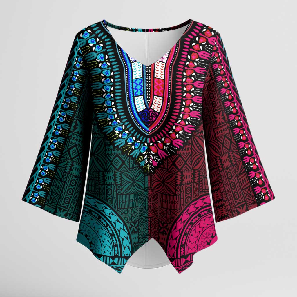 Teal-pink Dashiki and Tapa Pattern Kimono Sleeve Blouse Africa-Polynesia Together Culture