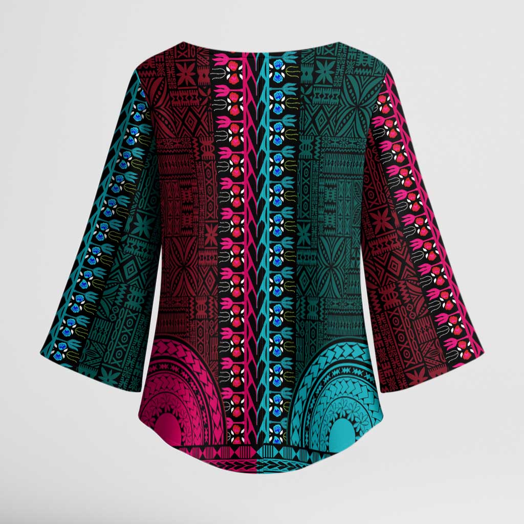 Teal-pink Dashiki and Tapa Pattern Kimono Sleeve Blouse Africa-Polynesia Together Culture