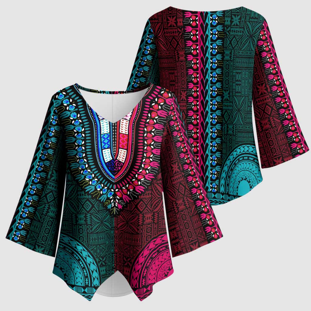 Teal-pink Dashiki and Tapa Pattern Kimono Sleeve Blouse Africa-Polynesia Together Culture