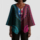 Teal-pink Dashiki and Tapa Pattern Kimono Sleeve Blouse Africa-Polynesia Together Culture
