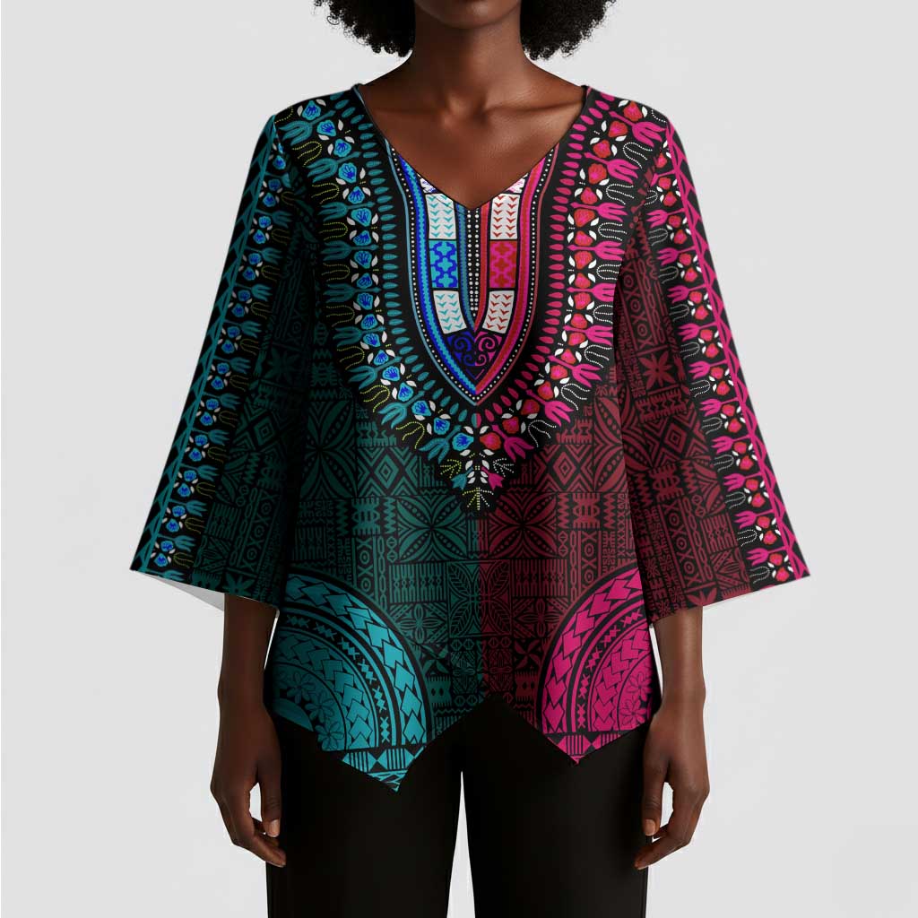 Teal-pink Dashiki and Tapa Pattern Kimono Sleeve Blouse Africa-Polynesia Together Culture