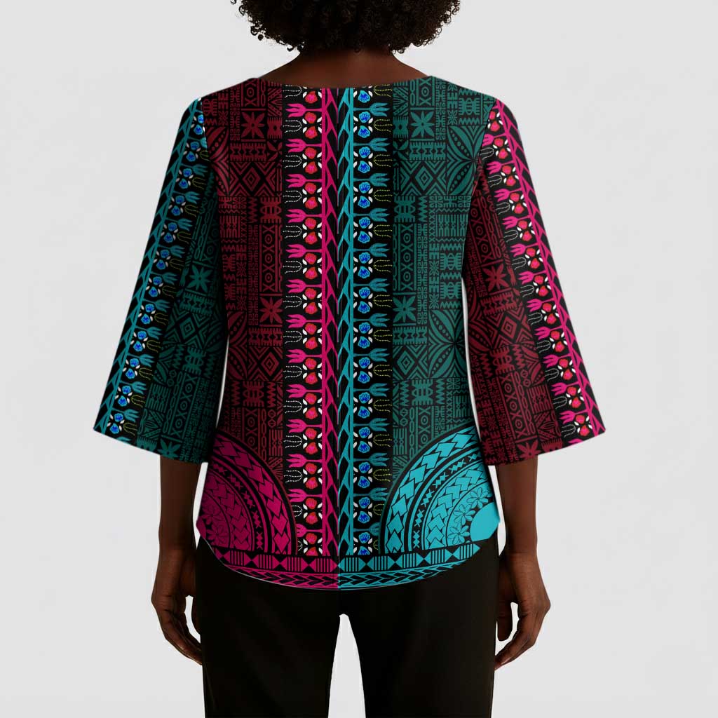 Teal-pink Dashiki and Tapa Pattern Kimono Sleeve Blouse Africa-Polynesia Together Culture