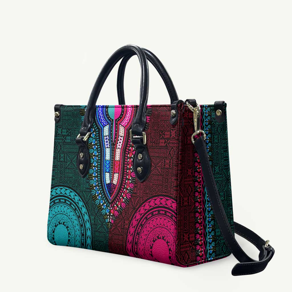 Teal-pink Dashiki and Tapa Pattern Leather Bag Africa-Polynesia Together Culture