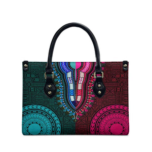 Teal-pink Dashiki and Tapa Pattern Leather Bag Africa-Polynesia Together Culture
