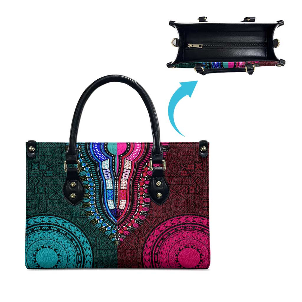 Teal-pink Dashiki and Tapa Pattern Leather Bag Africa-Polynesia Together Culture