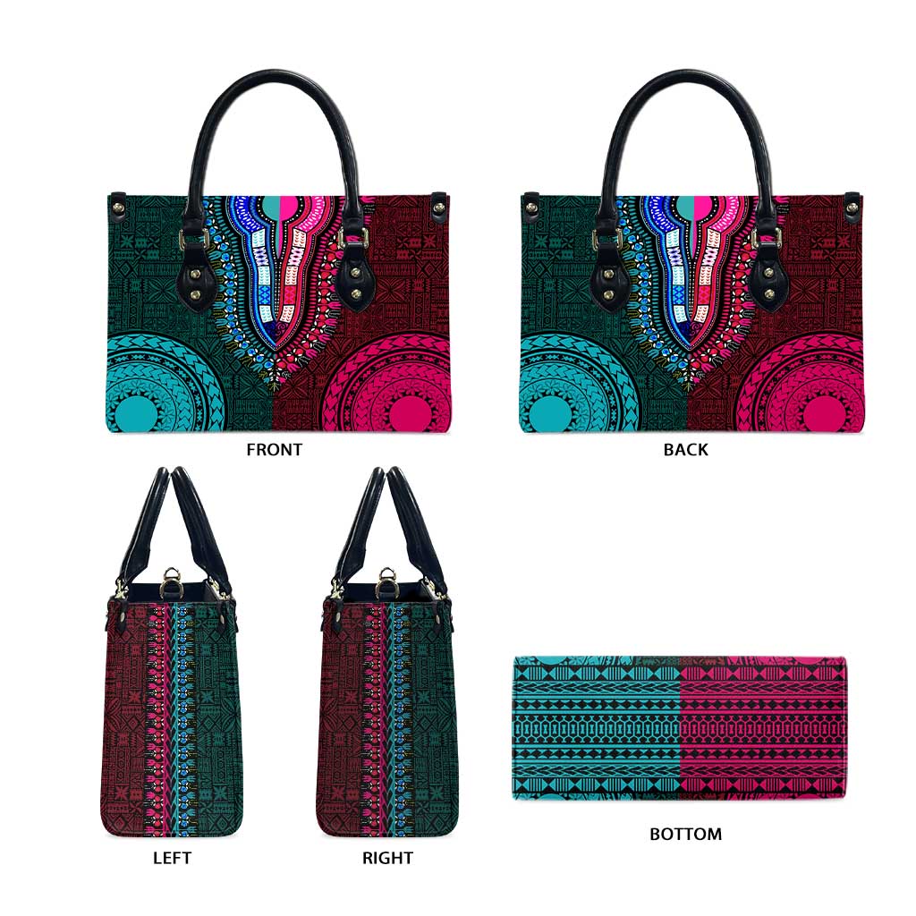 Teal-pink Dashiki and Tapa Pattern Leather Bag Africa-Polynesia Together Culture