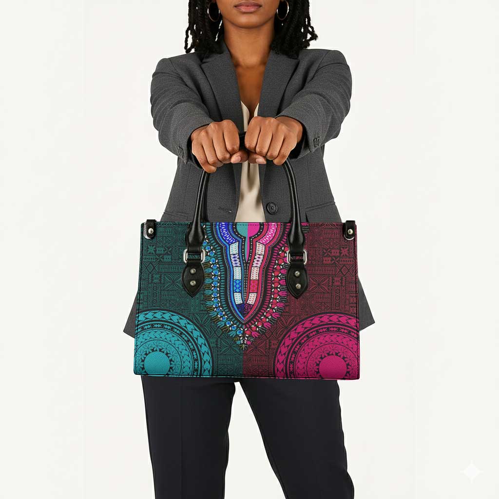 Teal-pink Dashiki and Tapa Pattern Leather Bag Africa-Polynesia Together Culture