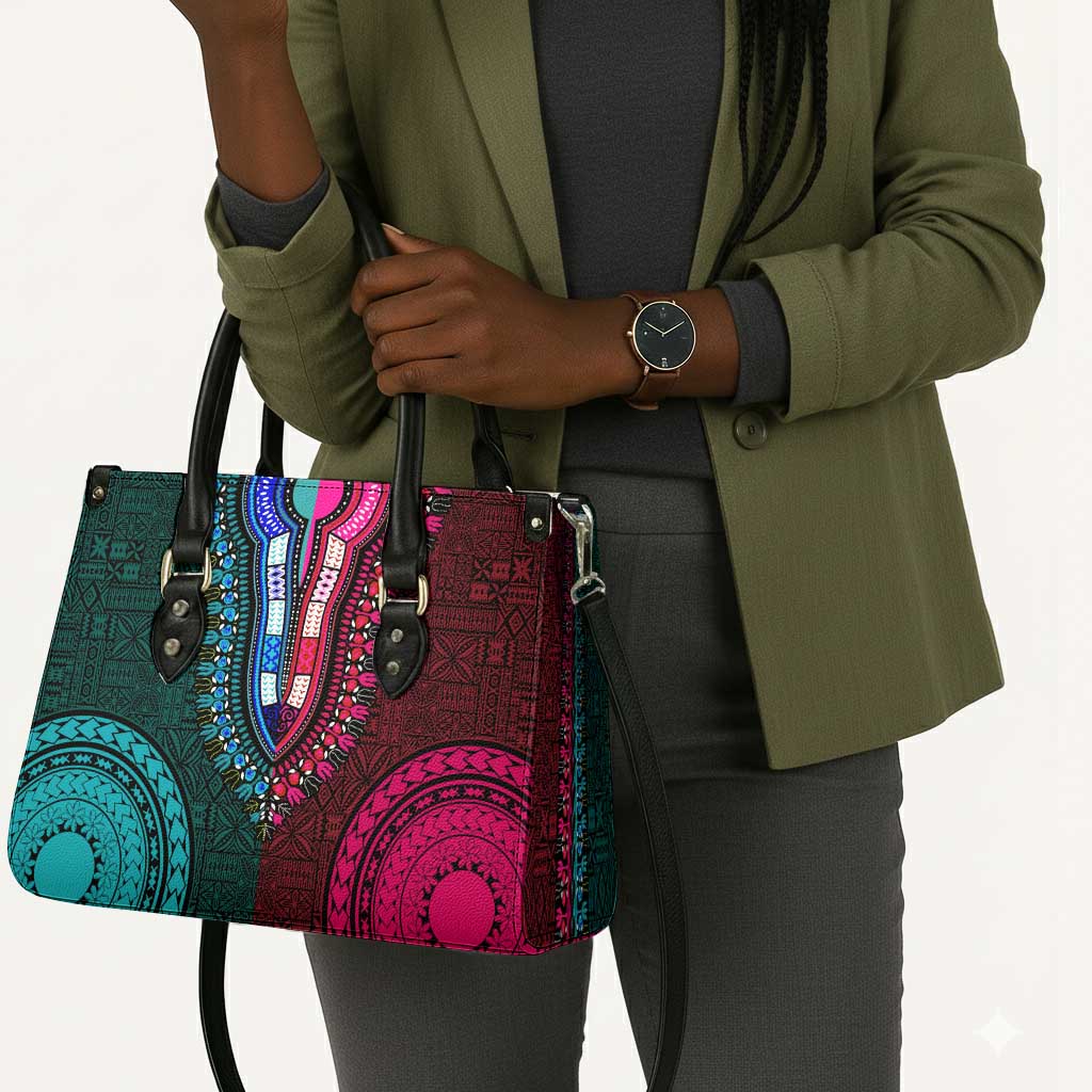 Teal-pink Dashiki and Tapa Pattern Leather Bag Africa-Polynesia Together Culture