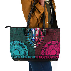 Teal-pink Dashiki and Tapa Pattern Leather Tote Bag Africa-Polynesia Together Culture