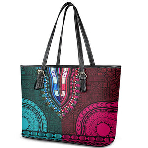 Teal-pink Dashiki and Tapa Pattern Leather Tote Bag Africa-Polynesia Together Culture