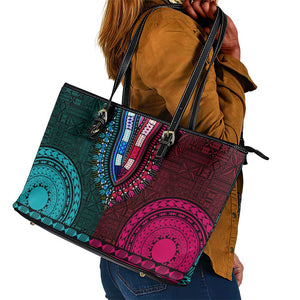 Teal-pink Dashiki and Tapa Pattern Leather Tote Bag Africa-Polynesia Together Culture