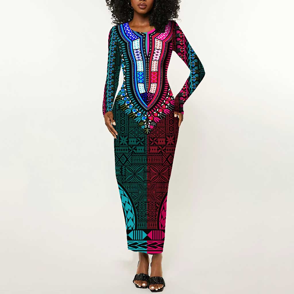 Teal-pink Dashiki and Tapa Pattern Long Sleeve Bodycon Dress Africa-Polynesia Together Culture