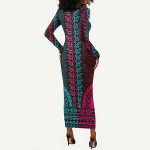 Teal-pink Dashiki and Tapa Pattern Long Sleeve Bodycon Dress Africa-Polynesia Together Culture