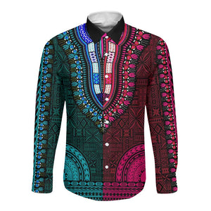 Teal-pink Dashiki and Tapa Pattern Long Sleeve Button Shirt Africa-Polynesia Together Culture