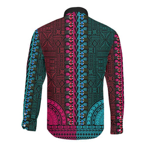 Teal-pink Dashiki and Tapa Pattern Long Sleeve Button Shirt Africa-Polynesia Together Culture