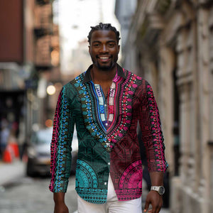 Teal-pink Dashiki and Tapa Pattern Long Sleeve Button Shirt Africa-Polynesia Together Culture