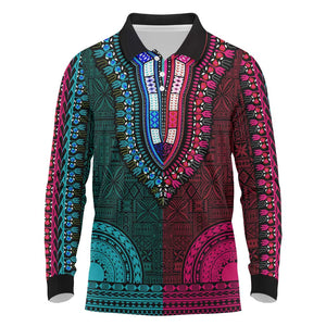 Teal-pink Dashiki and Tapa Pattern Long Sleeve Polo Shirt Africa-Polynesia Together Culture