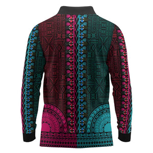 Teal-pink Dashiki and Tapa Pattern Long Sleeve Polo Shirt Africa-Polynesia Together Culture