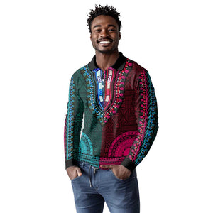 Teal-pink Dashiki and Tapa Pattern Long Sleeve Polo Shirt Africa-Polynesia Together Culture