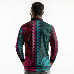 Teal-pink Dashiki and Tapa Pattern Long Sleeve Polo Shirt Africa-Polynesia Together Culture