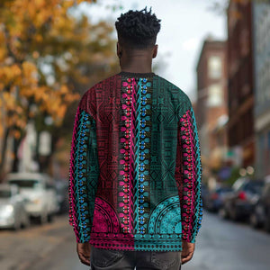 Teal-pink Dashiki and Tapa Pattern Long Sleeve Shirt Africa-Polynesia Together Culture