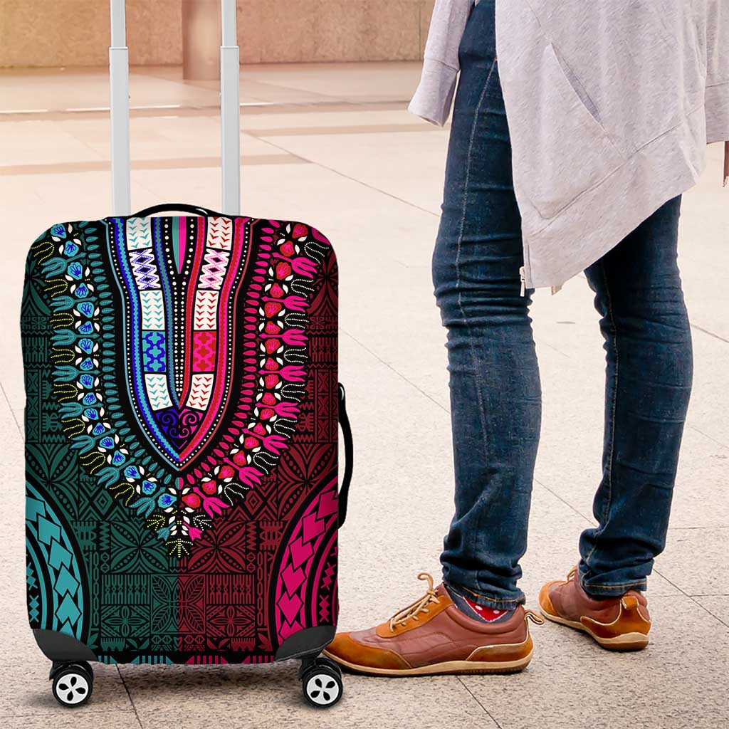 Teal-pink Dashiki and Tapa Pattern Luggage Cover Africa-Polynesia Together Culture