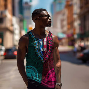 Teal-pink Dashiki and Tapa Pattern Men Tank Top Africa-Polynesia Together Culture