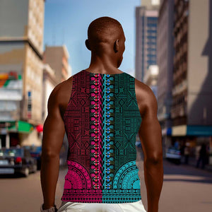 Teal-pink Dashiki and Tapa Pattern Men Tank Top Africa-Polynesia Together Culture