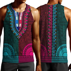 Teal-pink Dashiki and Tapa Pattern Men Tank Top Africa-Polynesia Together Culture