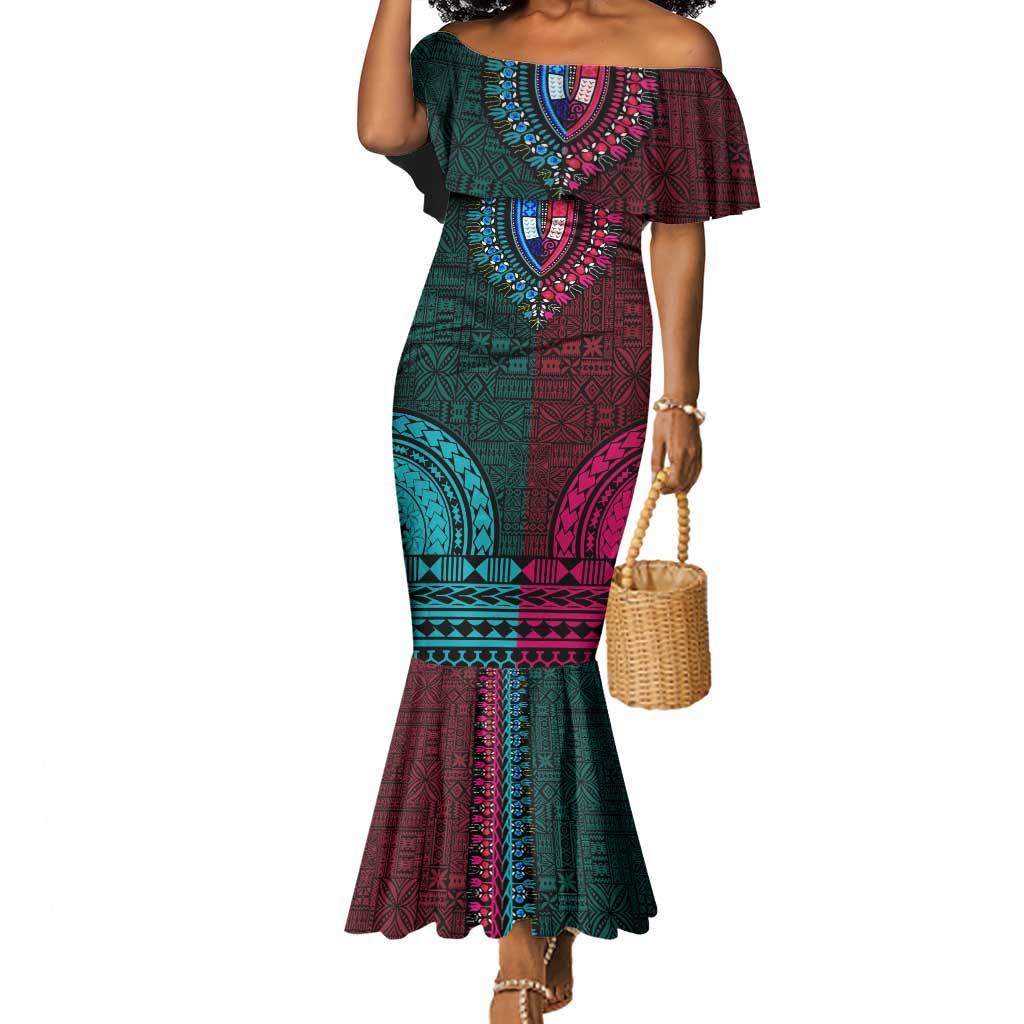 Teal-pink Dashiki and Tapa Pattern Mermaid Dress Africa-Polynesia Together Culture