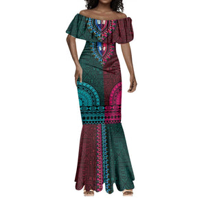 Teal-pink Dashiki and Tapa Pattern Mermaid Dress Africa-Polynesia Together Culture