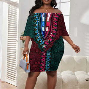 Teal-pink Dashiki and Tapa Pattern Off Shoulder Short Dress Africa-Polynesia Together Culture