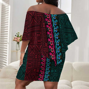 Teal-pink Dashiki and Tapa Pattern Off Shoulder Short Dress Africa-Polynesia Together Culture