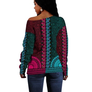 Teal-pink Dashiki and Tapa Pattern Off Shoulder Sweater Africa-Polynesia Together Culture