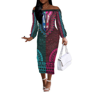 Teal-pink Dashiki and Tapa Pattern Off The Shoulder Long Sleeve Dress Africa-Polynesia Together Culture