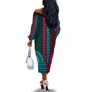 Teal-pink Dashiki and Tapa Pattern Off The Shoulder Long Sleeve Dress Africa-Polynesia Together Culture