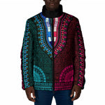 Teal-pink Dashiki and Tapa Pattern Padded Jacket Africa-Polynesia Together Culture